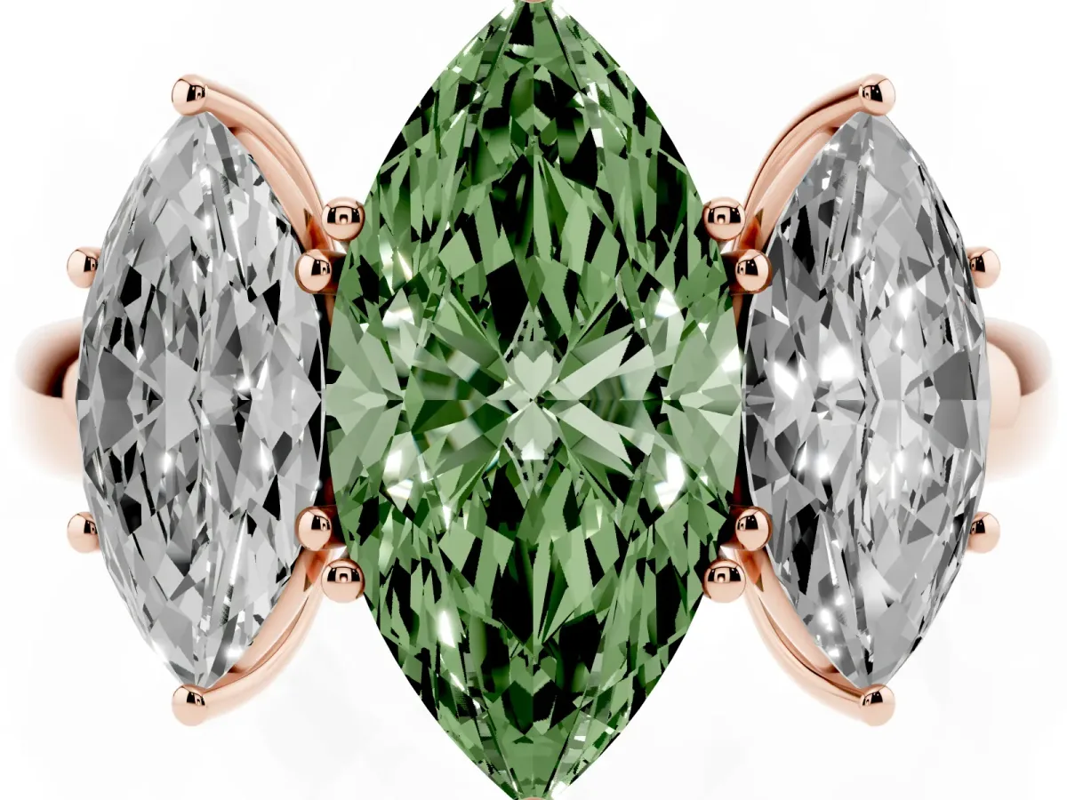 Fancy Green Marquise Cut Diamond Three-Stone Ring with Four-Prong Setting and Classic Band Rose gold