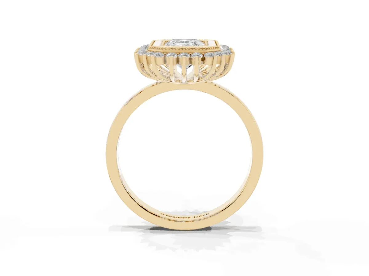 Emerald Cut Halo Diamond Ring with Milgrain Edge and Round Prong Setting Yellow gold