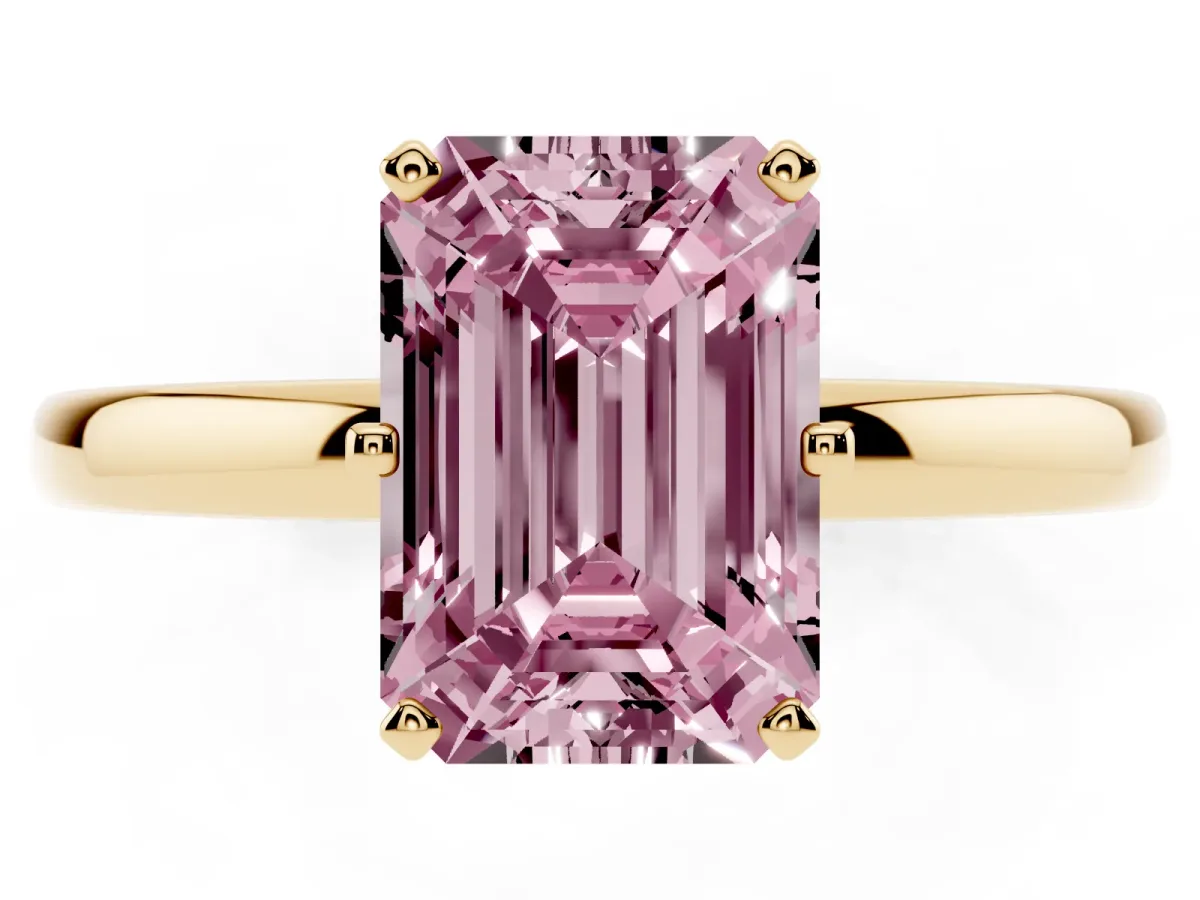 Fancy Pink Emerald Cut Solitaire Diamond Ring with Six-Prong Setting on a Classic Band Yellow gold