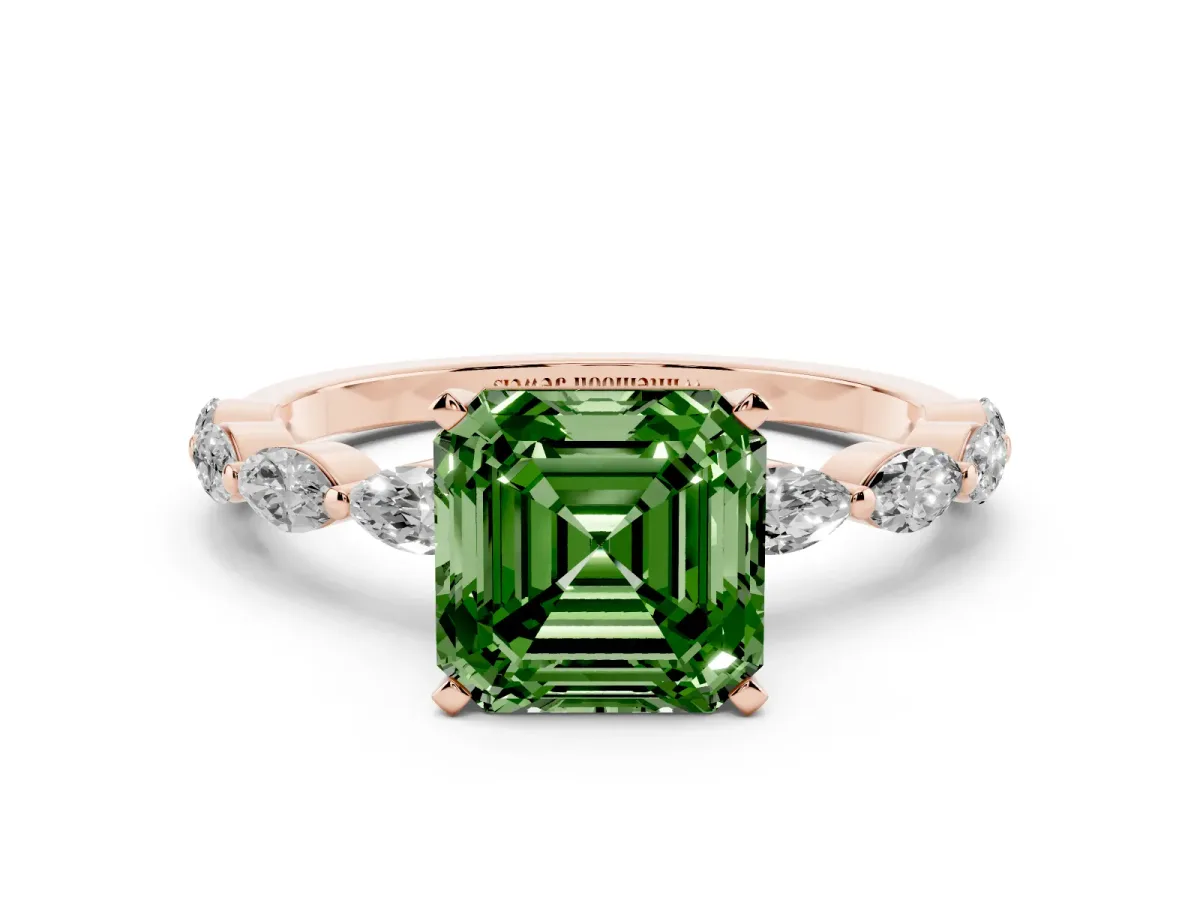 Fancy Green Asscher Cut Diamond Ring with Marquise Side Stones and Prong Setting Rose gold