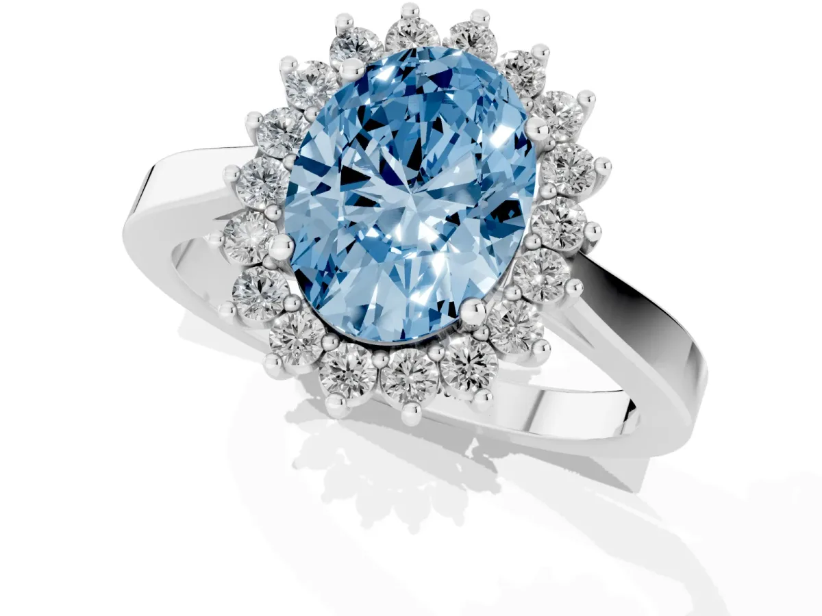 Fancy Blue Oval Cut Cut Diamond Halo Ring with Round Brilliant Halo and Solitaire Band Silver
