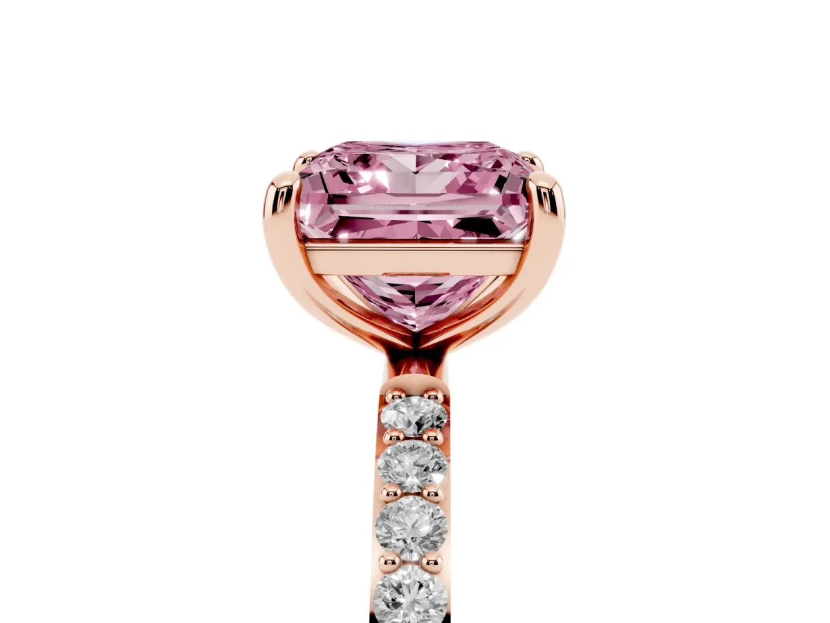 Fancy Pink Princess Cut Diamond Solitaire Ring with Round Pavé Band and Prong Setting Rose gold