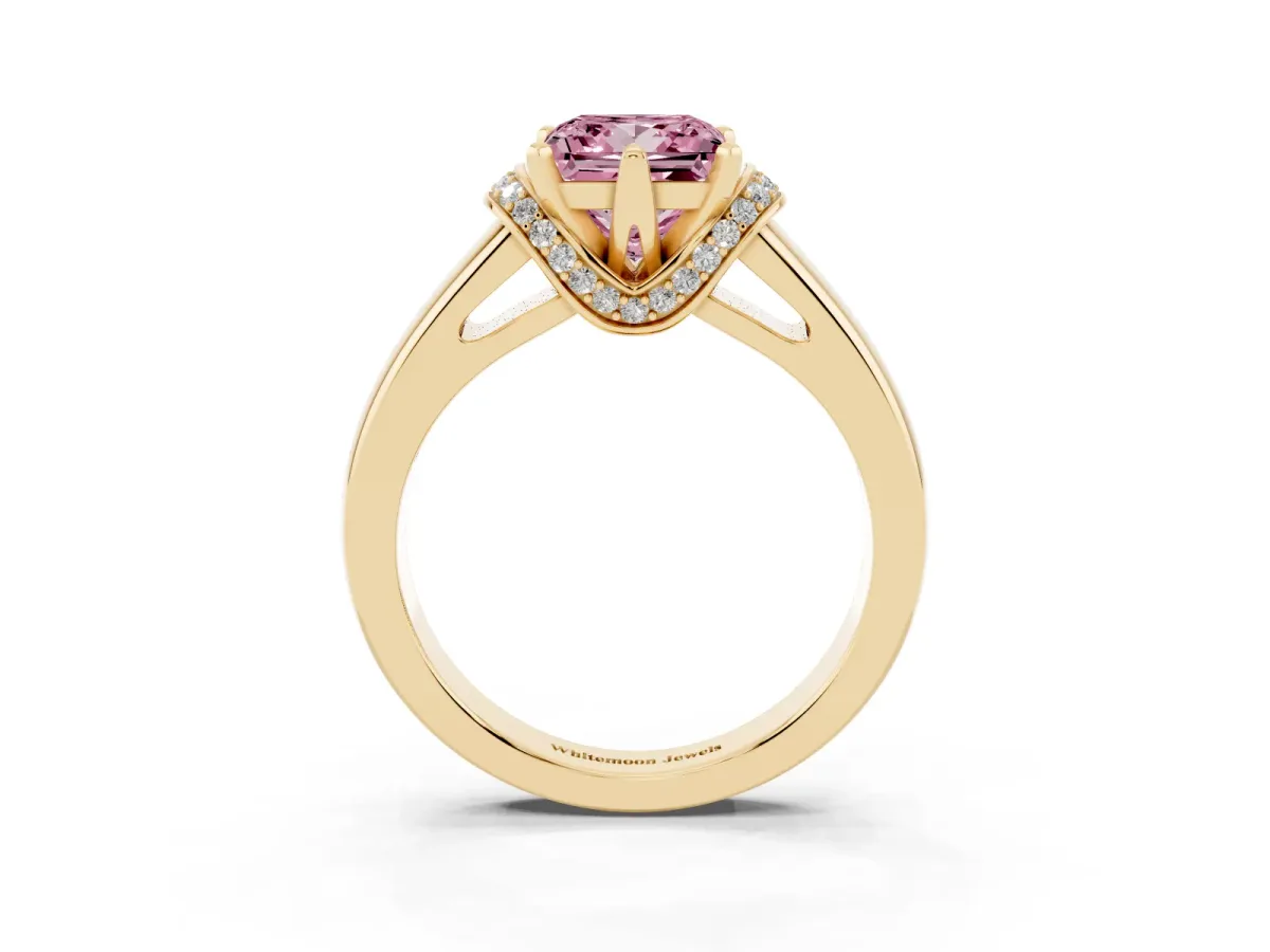 Fancy Pink Princess Cut Solitaire Diamond Ring with Pave Band and Six-Prong Setting Yellow gold