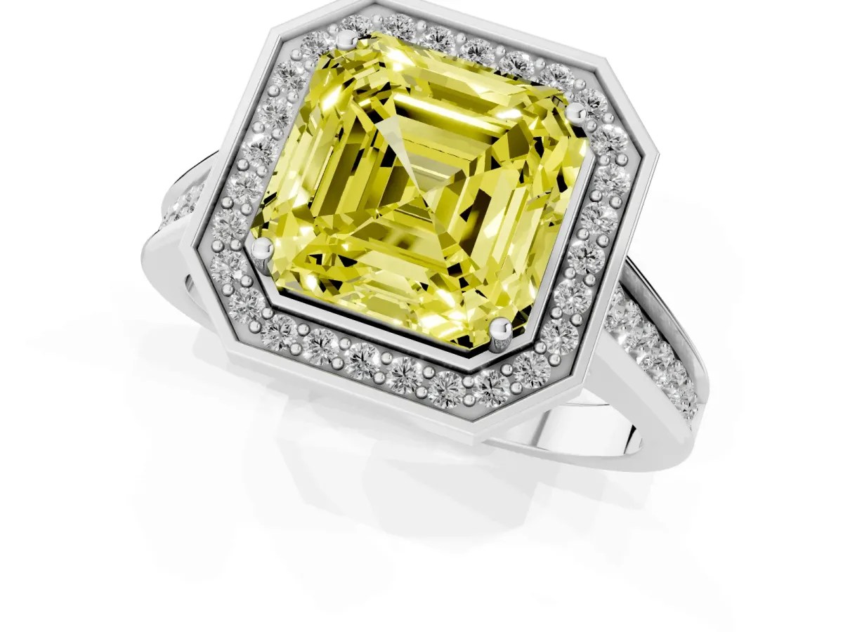 Fancy Yellow Asscher Cut Halo Solitaire Diamond Ring with Pave Band and Bezel Setting Silver