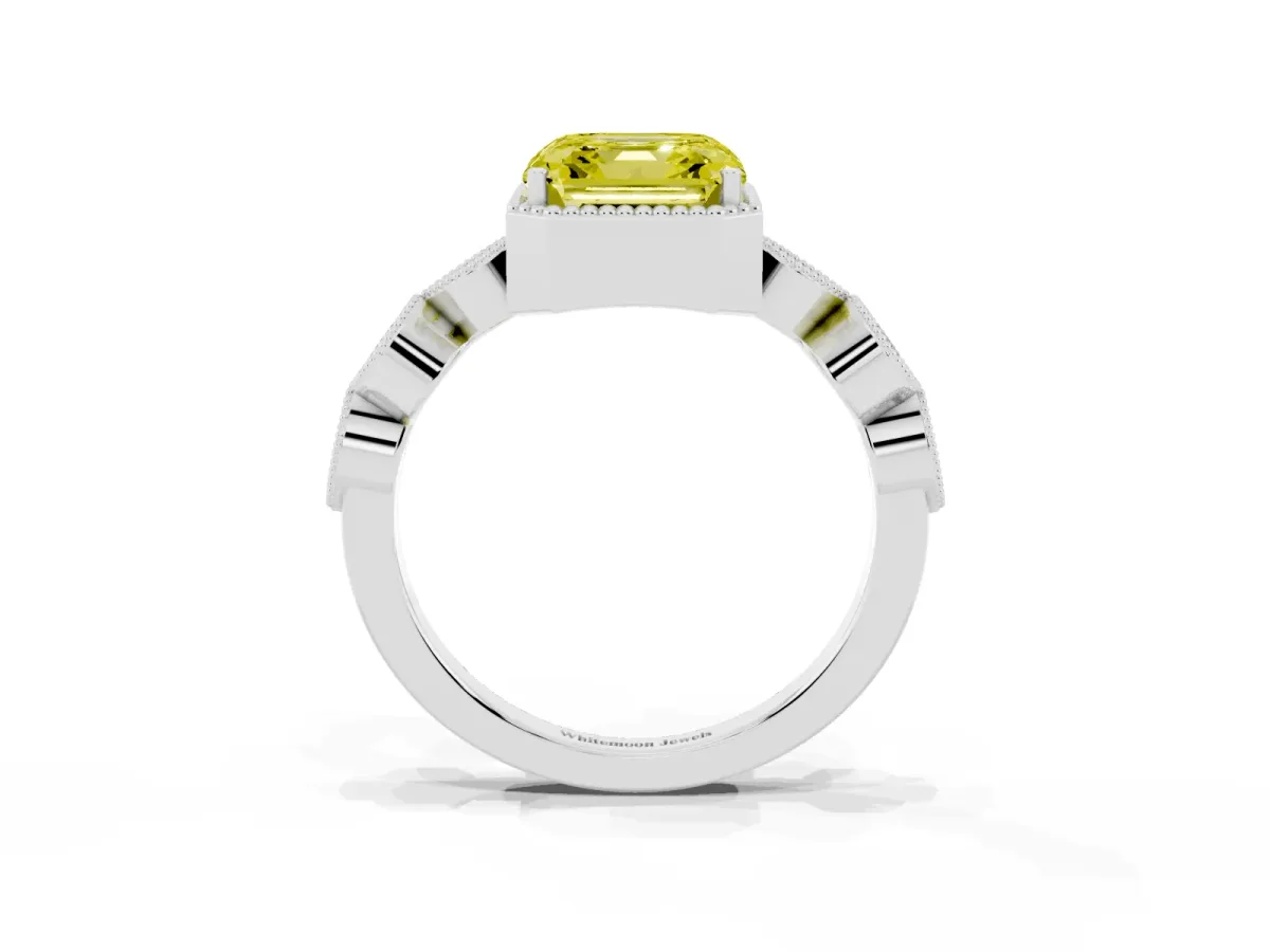 Fancy Yellow Asscher Cut Diamond Vintage Milgrain Ring with Round Stations Platinum