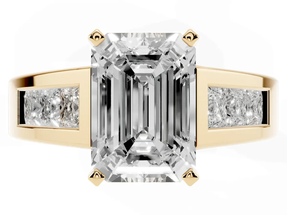 Emerald Cut Cut Channel Set Solitaire Ring with Four-Prong Setting Yellow gold