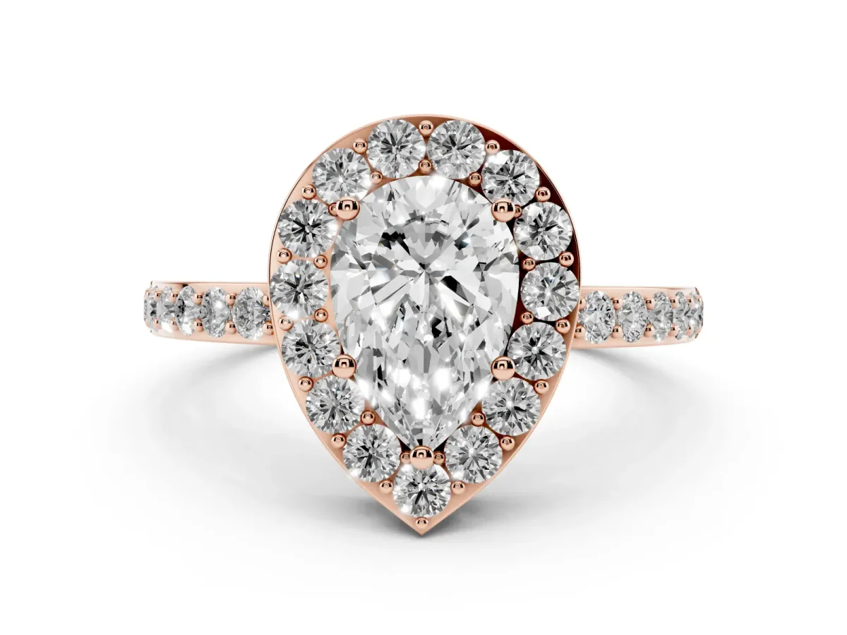 Pear Cut Halo Diamond Pavé Band Ring with Prong Setting Rose gold