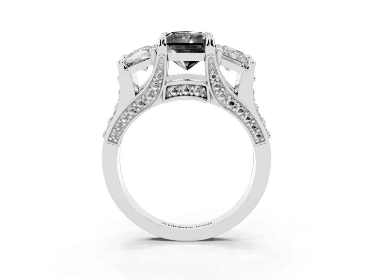 Fancy Black Radiant Cut Diamond Three-Stone Ring with Channel Set Band and Four-Prong Setting Platinum