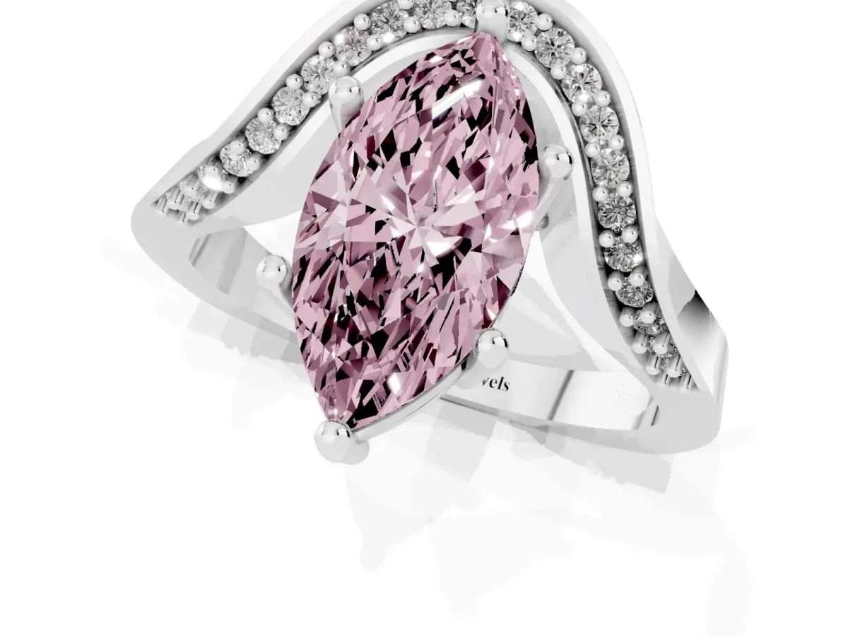 Fancy Pink Marquise Cut Solitaire Diamond Engagement Ring with Pave Band and Four-Prong Setting White gold