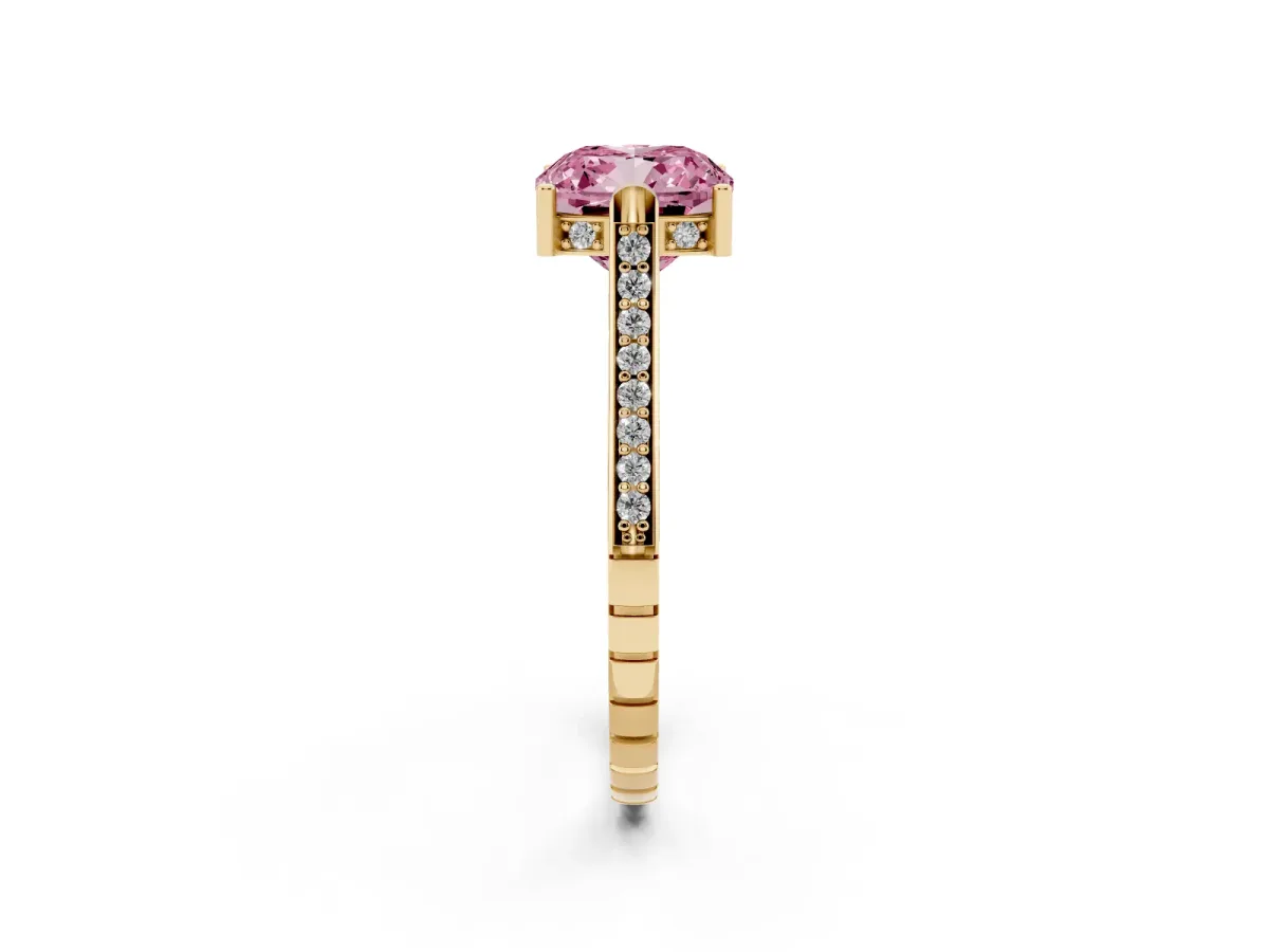 Fancy Pink Cushion Cut Solitaire Diamond Ring with Channel Set Band and Bezel Prong Setting Yellow gold