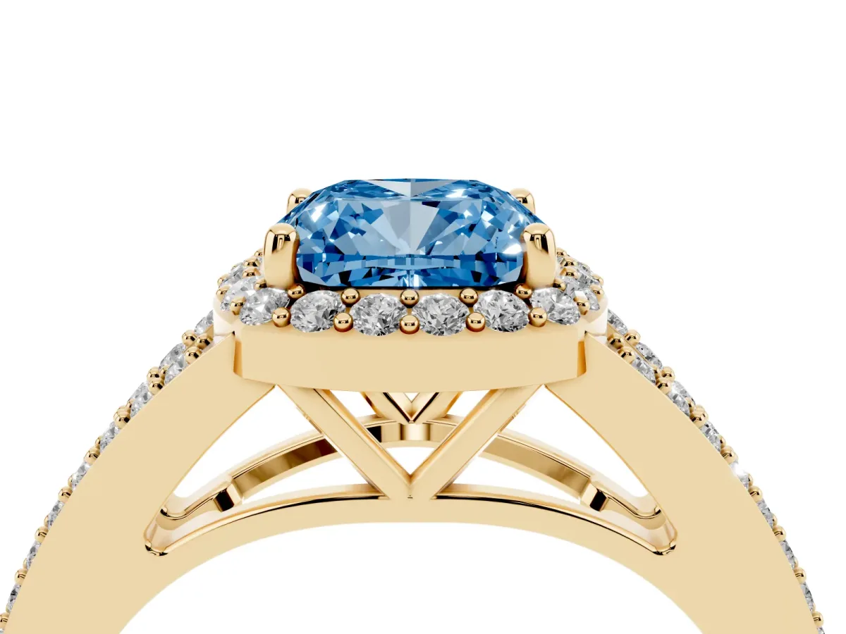 Fancy Blue Cushion Cut Halo Split Shank Diamond Ring with Prong Setting Yellow gold