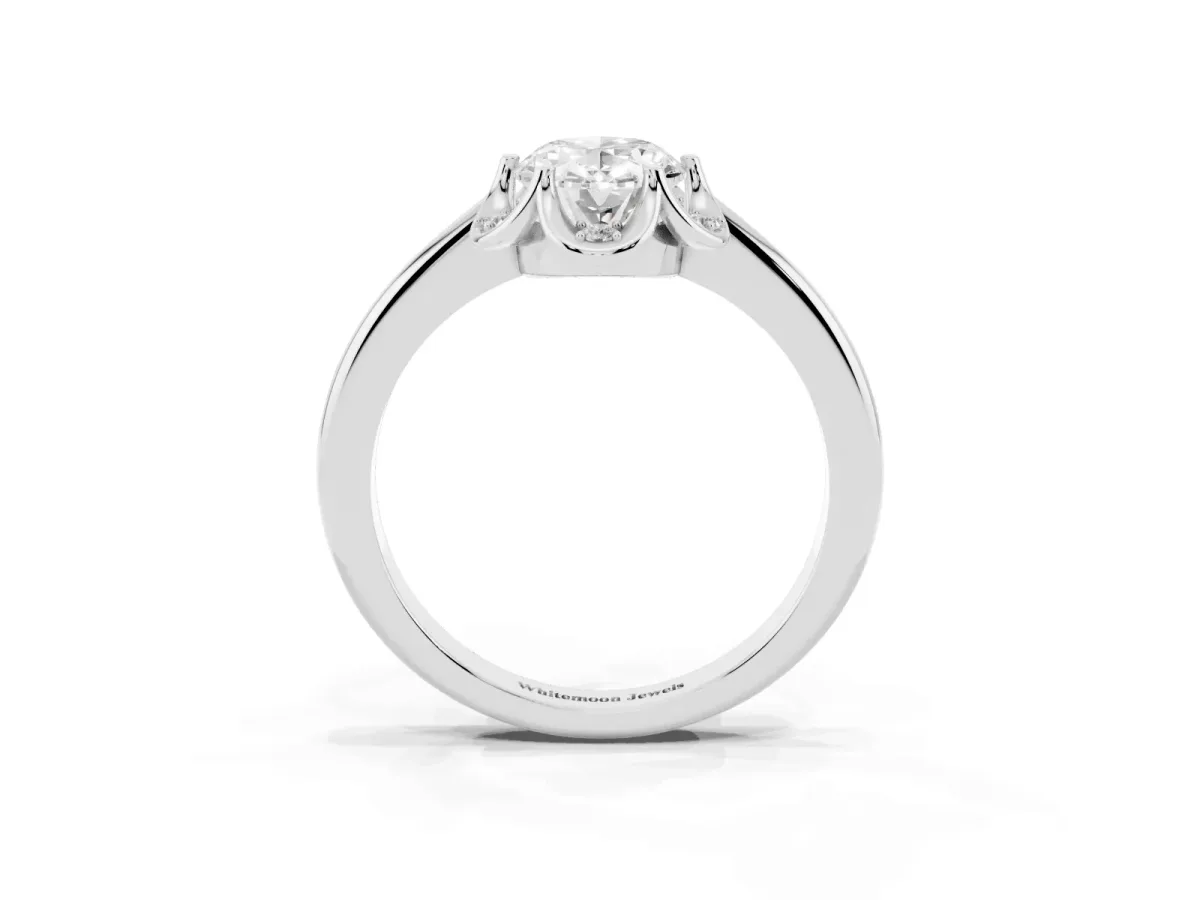 Oval Cut Halo Diamond Ring with Round Cluster Setting, Solitaire Band, and Four-Prong Setting Silver