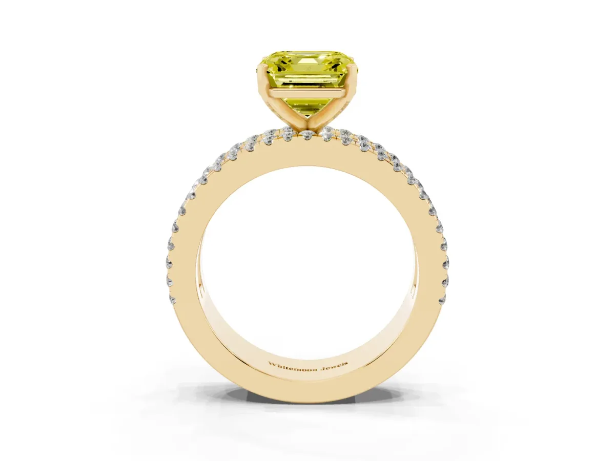 Fancy Yellow Asscher Cut Diamond Solitaire Ring with Pavé and Channel Set Band Yellow gold