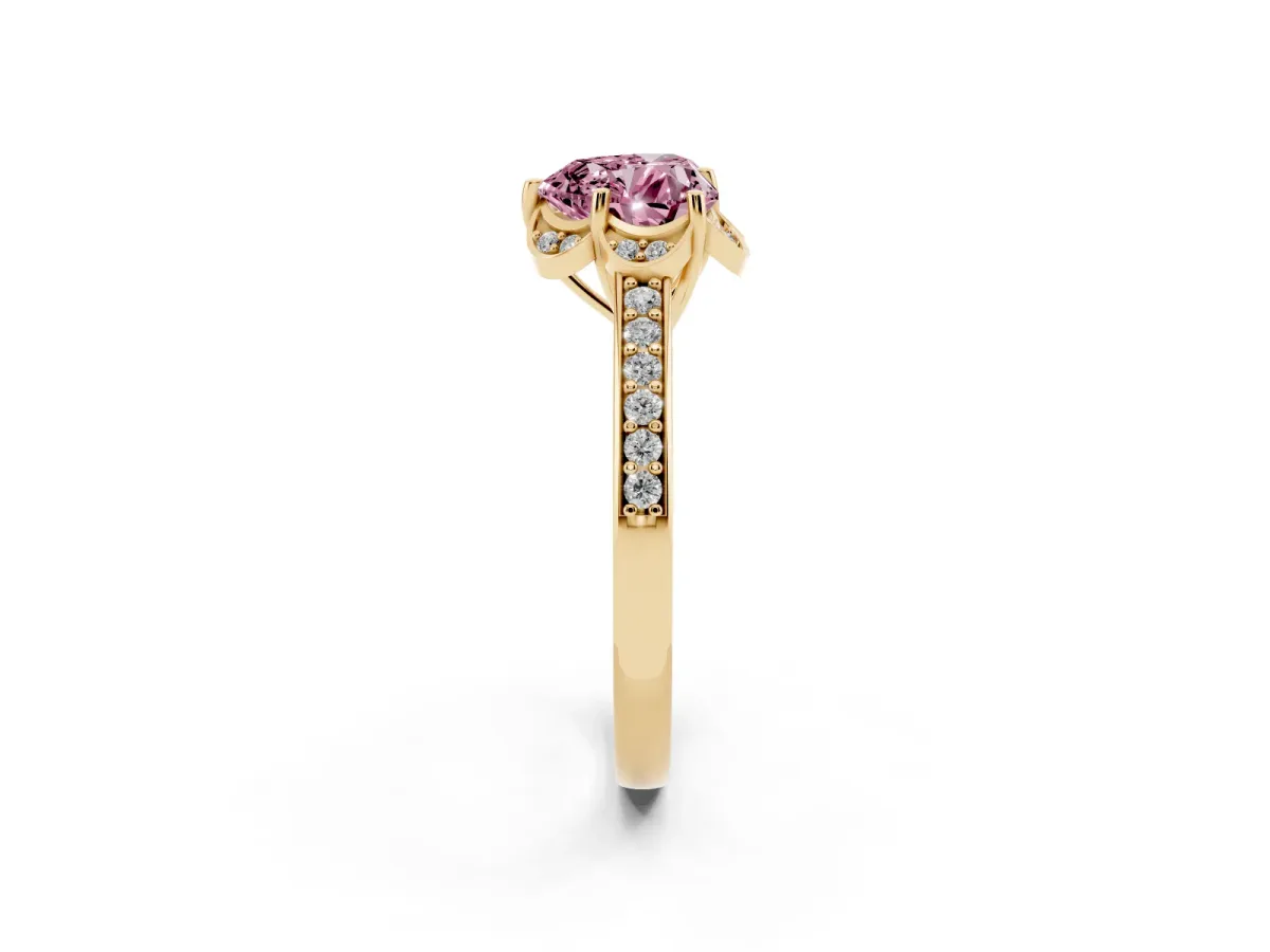 Fancy Pink Heart Cut Cut Halo Diamond Ring with Channel Set Band and Four-Prong Setting Yellow gold