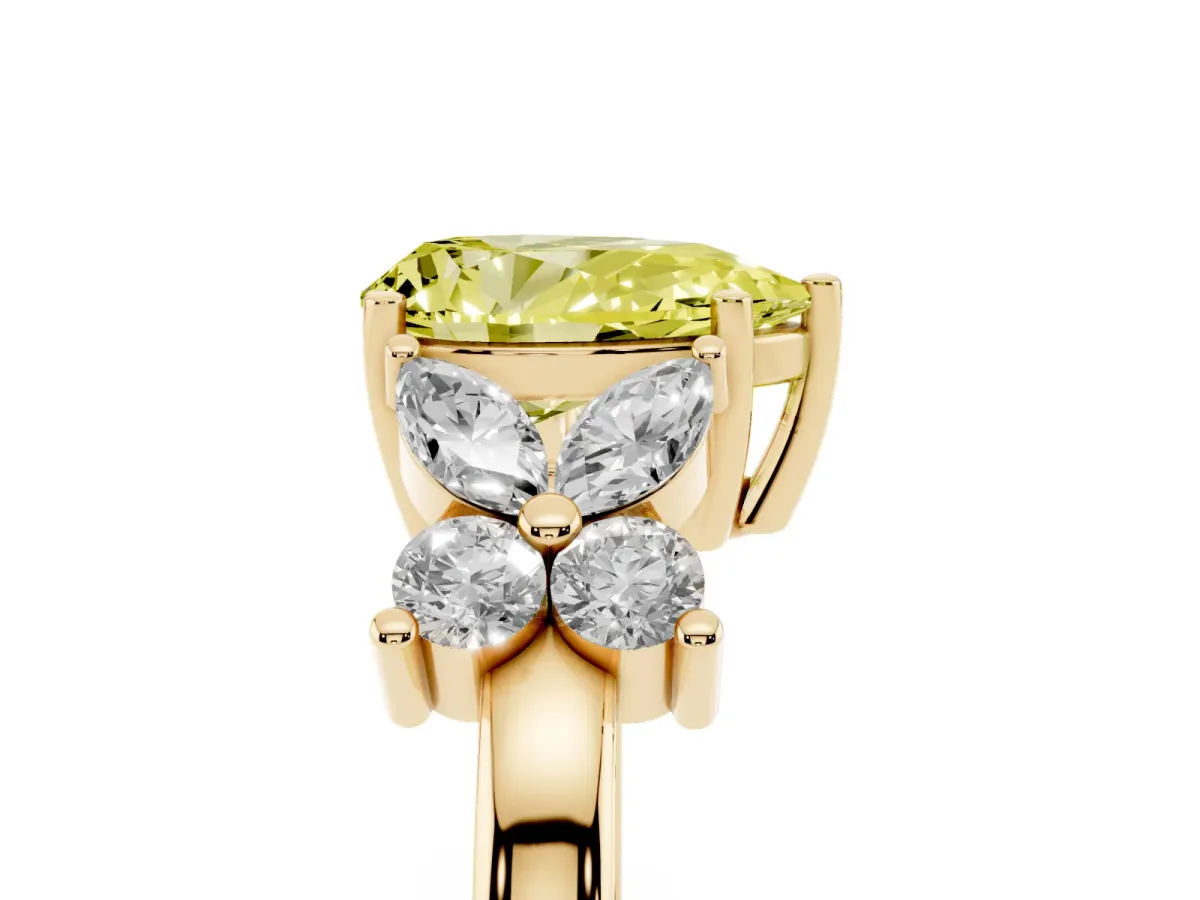 Fancy Yellow Pear Cut Diamond Floral Cluster Ring with Solitaire Band and Prong Setting Yellow gold