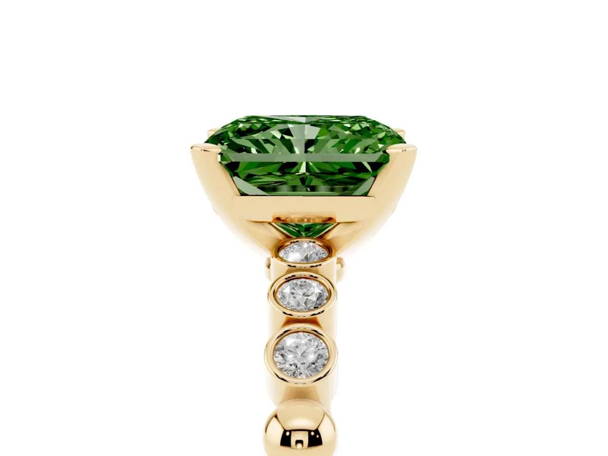 Fancy Green Radiant Cut Solitaire Bezel Accent Diamond Engagement Ring with Beaded Band and Four-Prong Setting Yellow gold