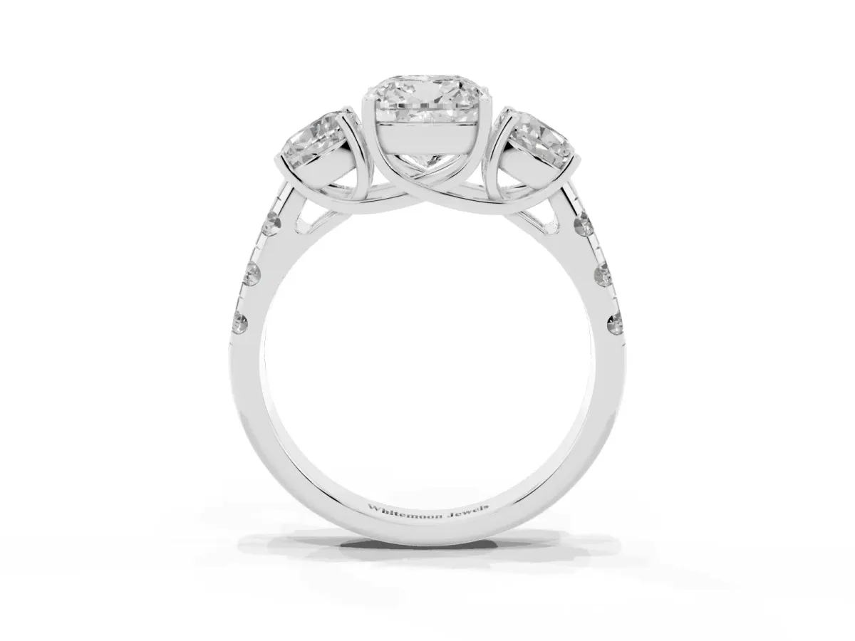Three-Stone Cushion Cut Diamond Pavé Band with Prong Setting Platinum