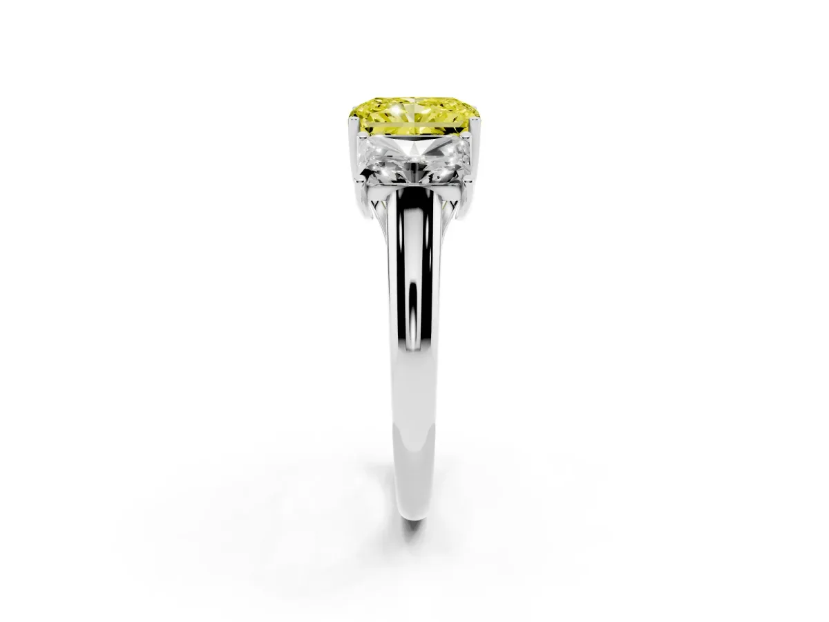 Fancy Yellow Three-Stone Radiant Cut Diamond Engagement Ring with Prong Setting Platinum