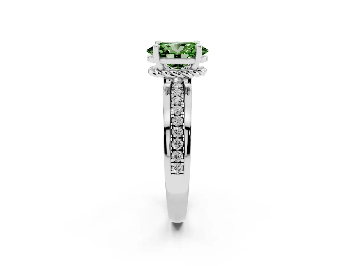 Fancy Green Oval Cut Solitaire Diamond Ring with Channel Set Band and Six-Prong Setting Silver