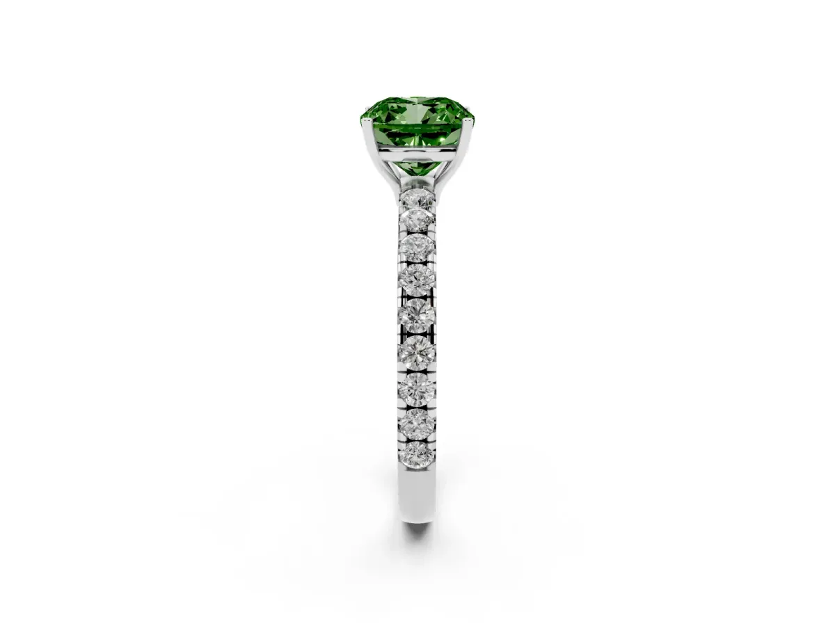 Fancy Green Cushion Cut Diamond Pavé Solitaire Engagement Ring with Four-Prong Setting Silver
