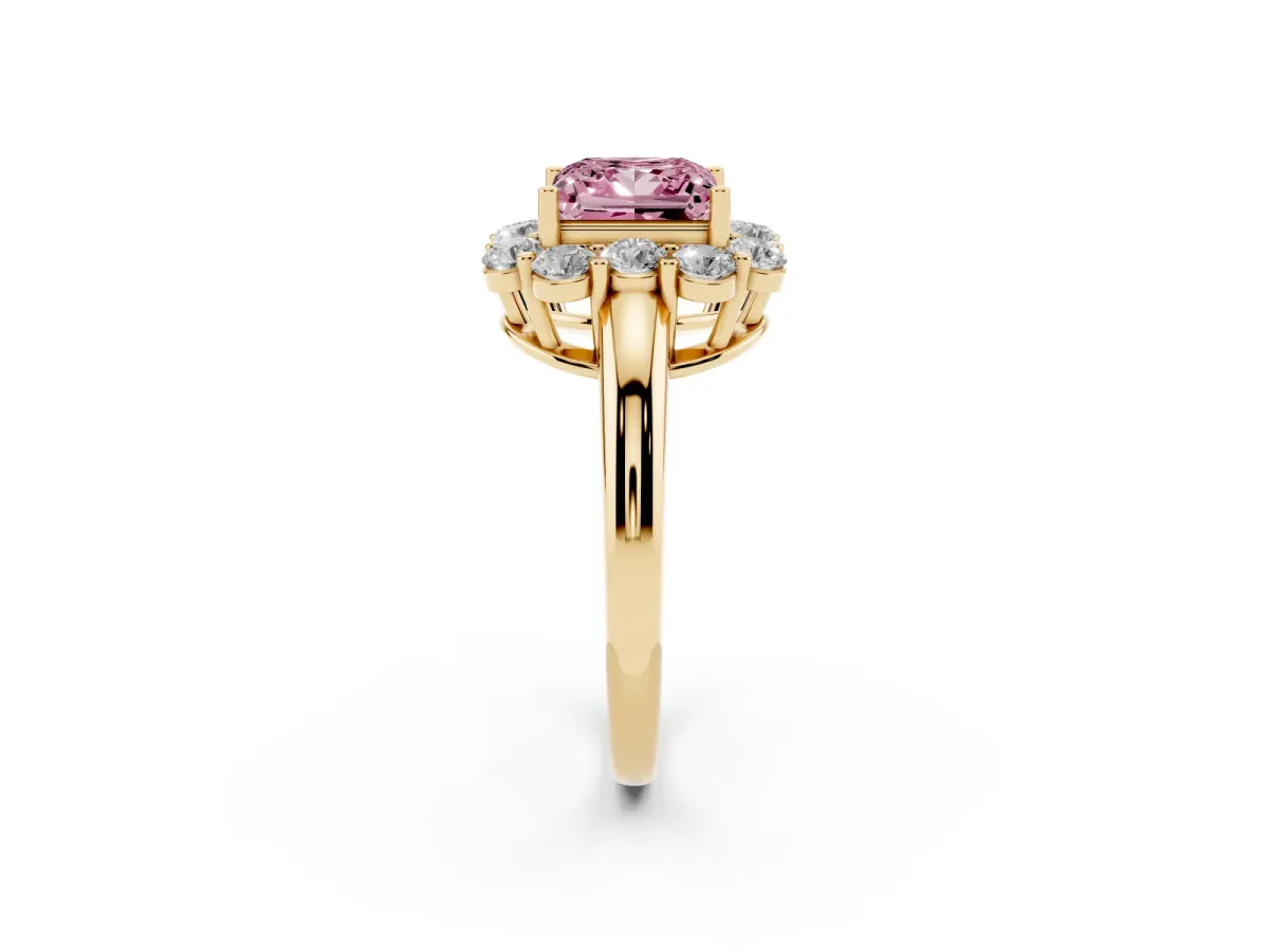 Fancy Pink Princess Cut Halo Milgrain Solitaire with Bezel Set Side Stones and Pave Band Yellow gold