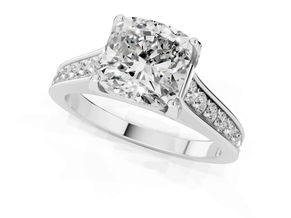 Cushion Cut Brilliant Cut Diamond Engagement Ring with Pavé Band and Four-Prong Setting Silver