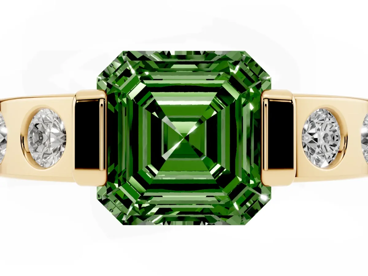 Fancy Green Asscher Cut Brilliant Channel-Set Diamond Ring with Bezel Prong Setting Yellow gold