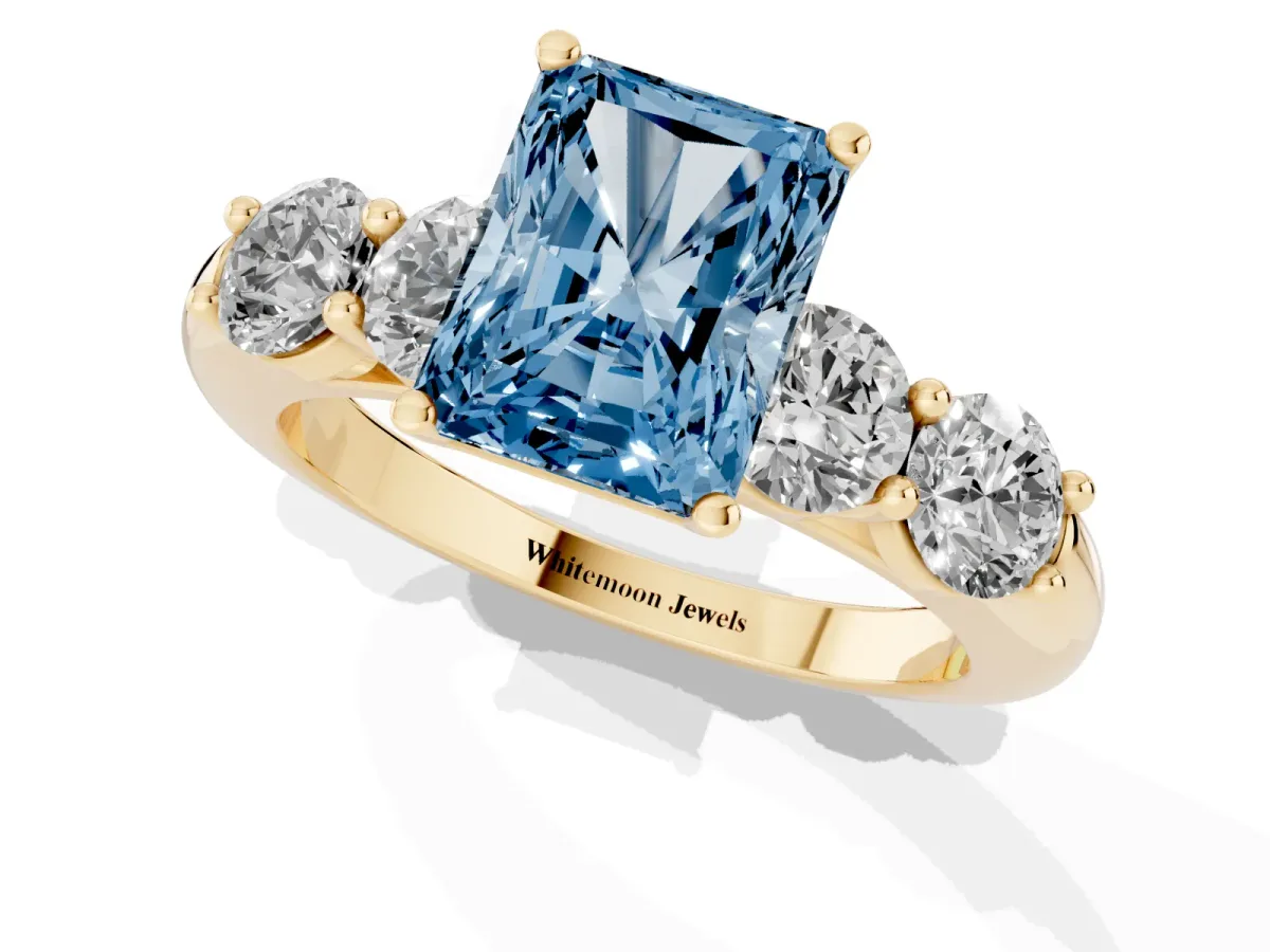 Fancy Blue Radiant Cut Cut Five-Stone Prong Set Diamond Ring with Classic Band Yellow gold