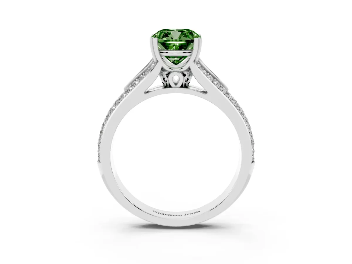 Fancy Green Cushion Cut Diamond Split Shank Engagement Ring with Pavé Band Platinum