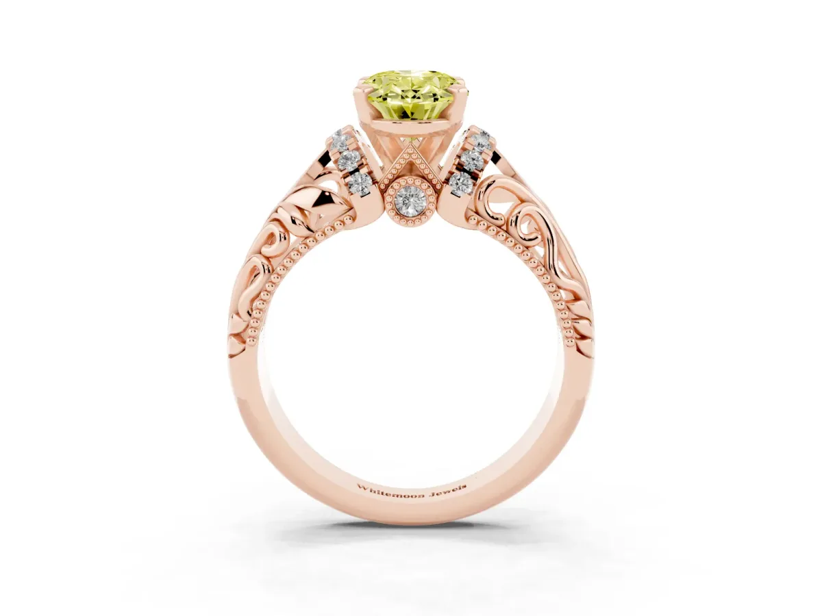 Fancy Yellow Oval Cut Solitaire Filigree Engagement Ring with Halo and Prong Setting Rose gold