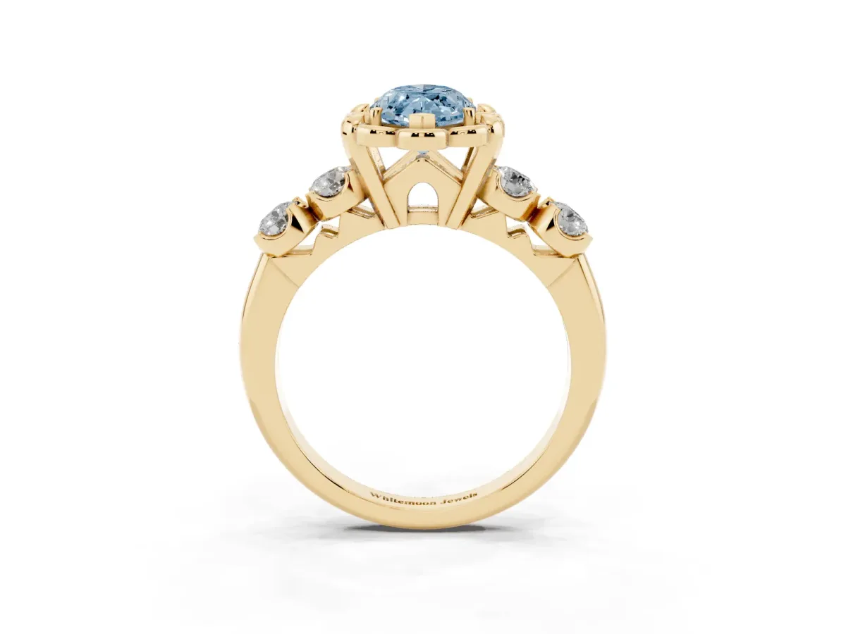 Fancy Blue Marquise Cut Cut Diamond Floral Halo Engagement Ring with Shared Prong Setting Yellow gold