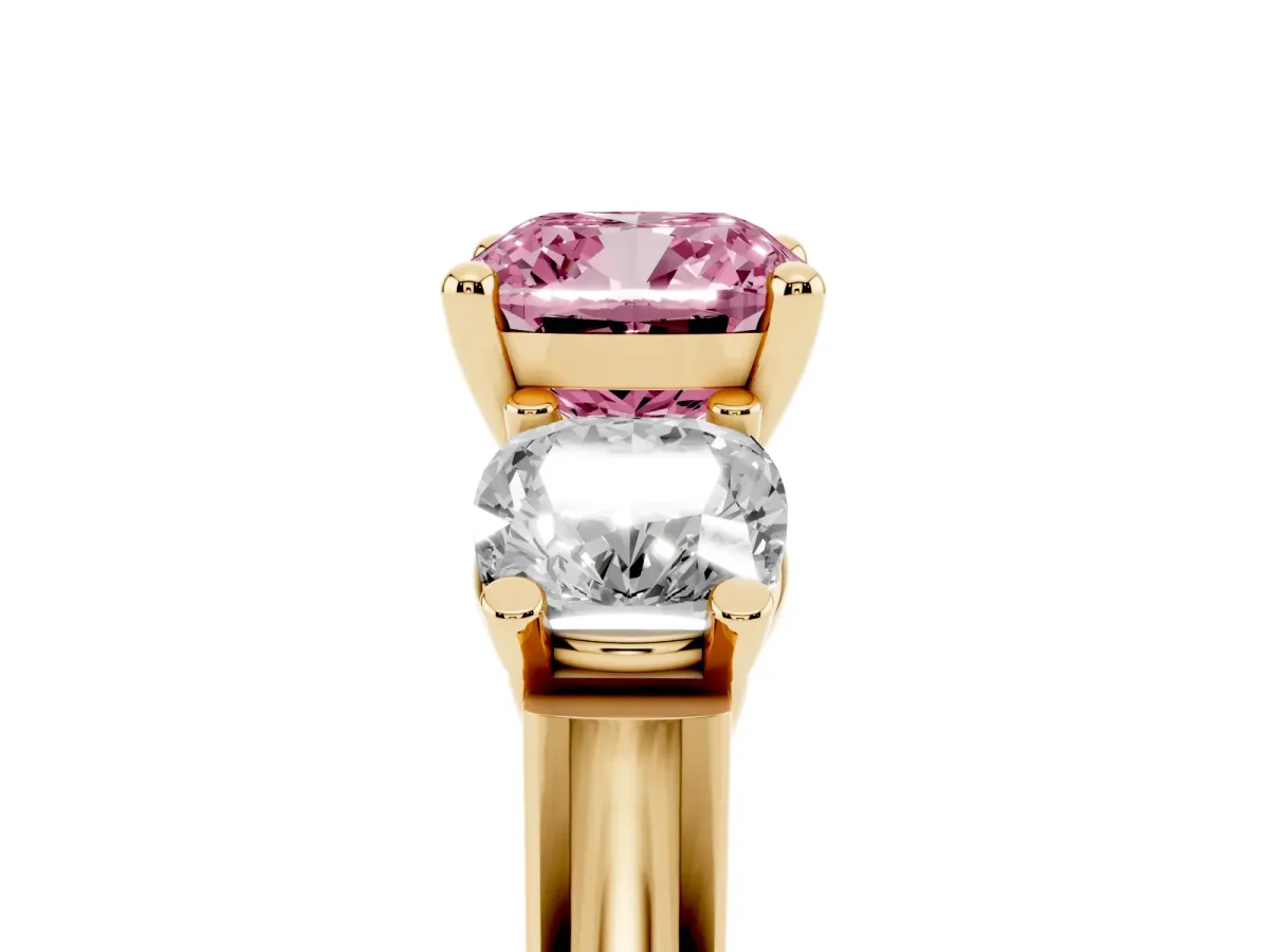 Fancy Pink Three-Stone Cushion Cut Brilliant Diamond Trellis Ring with Comfort Fit Band Yellow gold