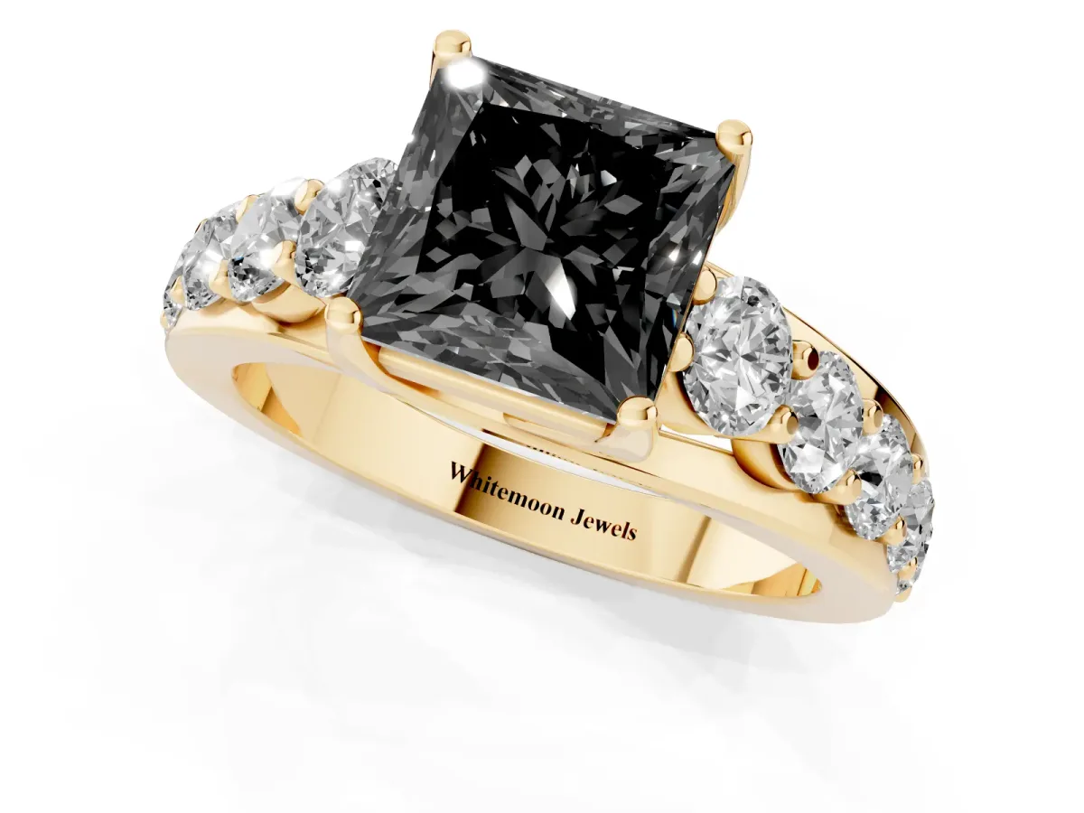 Fancy Black Princess Cut Diamond Engagement Ring with Pavé Band and Four-Prong Setting Yellow gold