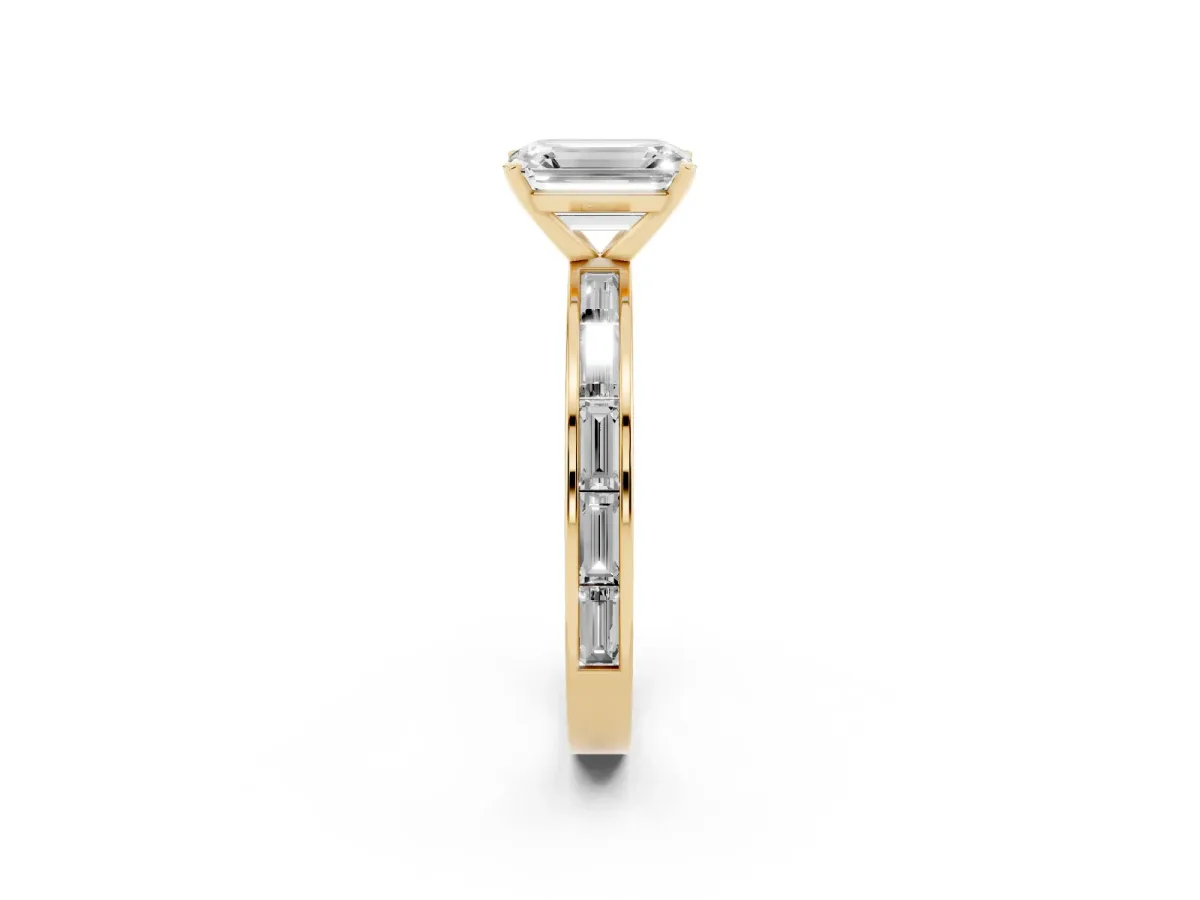 Emerald Cut Solitaire Diamond Ring with Channel-Set Baguette Band and Four-Prong Setting Yellow gold