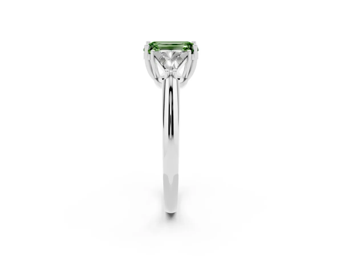 Fancy Green Three-Stone Emerald Cut Diamond Engagement Ring with Trillion Side Stones and Prong Setting Silver