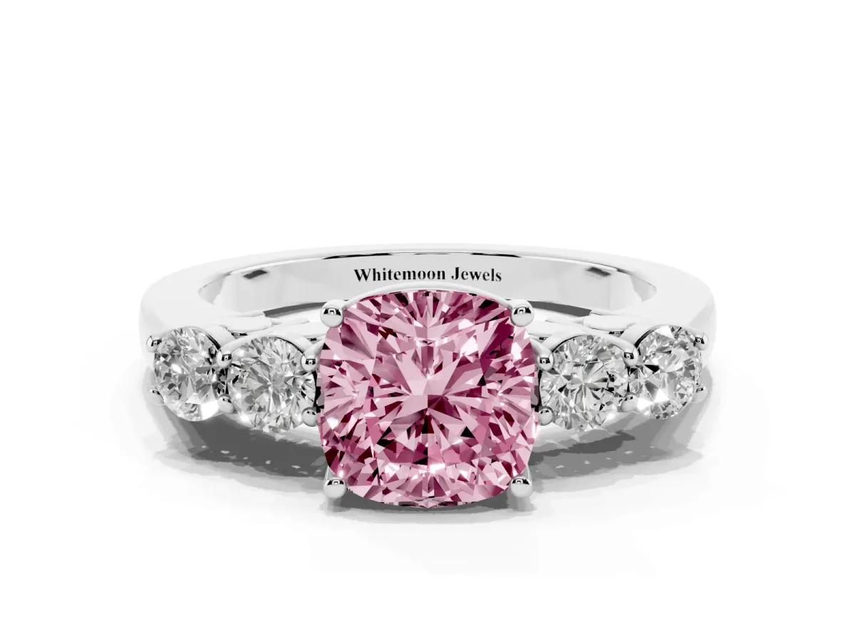 Fancy Pink Cushion Cut Cut Diamond Five-Stone Prong Set White Gold Ring Silver
