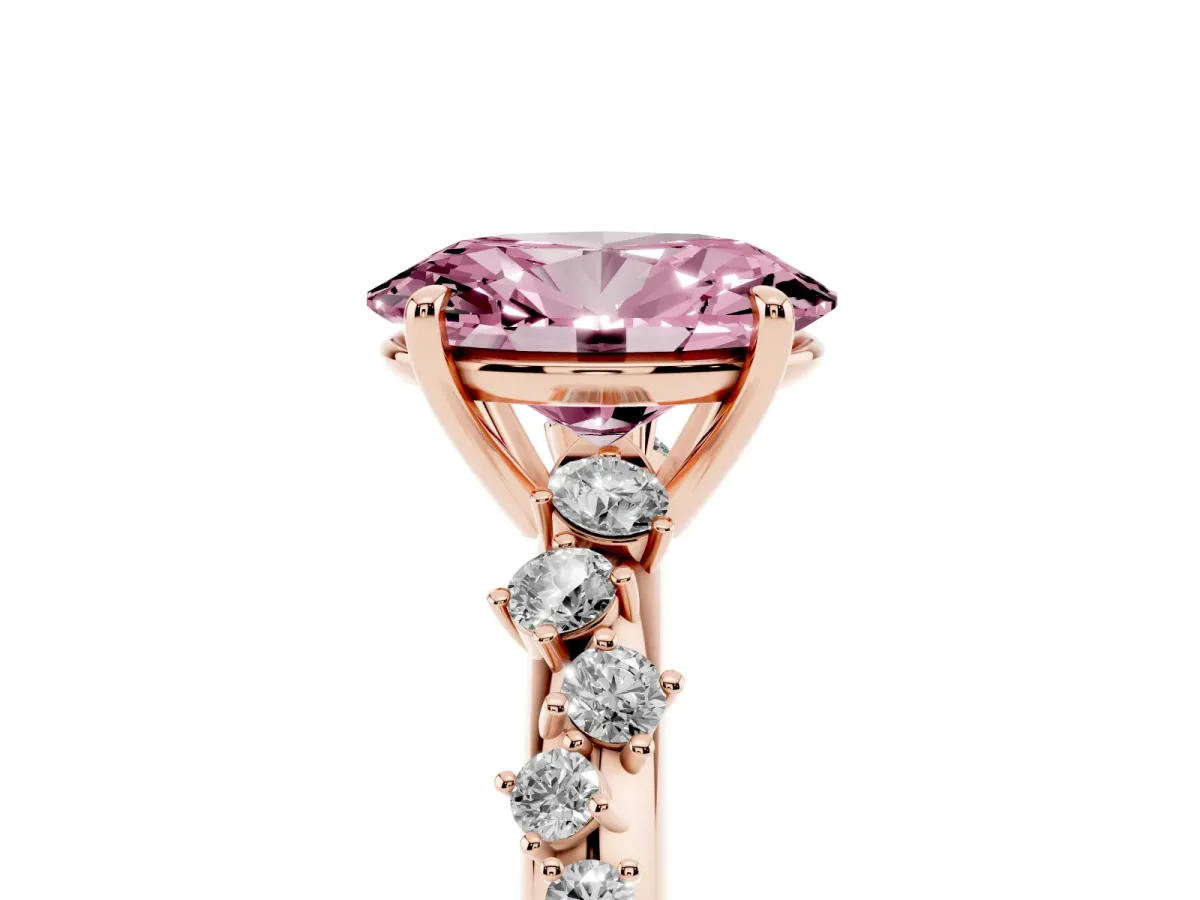 Fancy Pink Oval Cut Diamond Cluster Side Stone Solitaire Ring with Prong Setting Rose gold