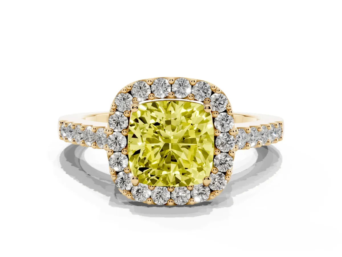 Fancy Yellow Cushion Cut Halo Diamond Pavé Solitaire Ring Yellow gold