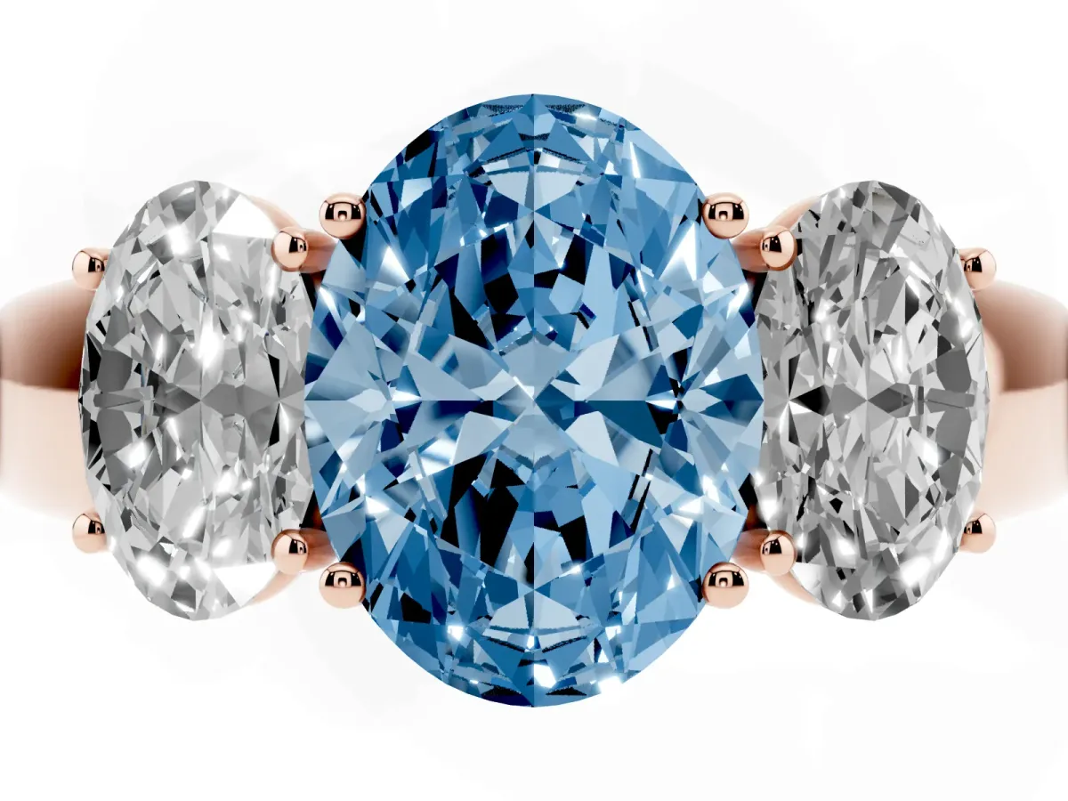 Fancy Blue Three-Stone Oval Cut Cut Diamond Ring with Prong Setting and Classic Band Rose gold