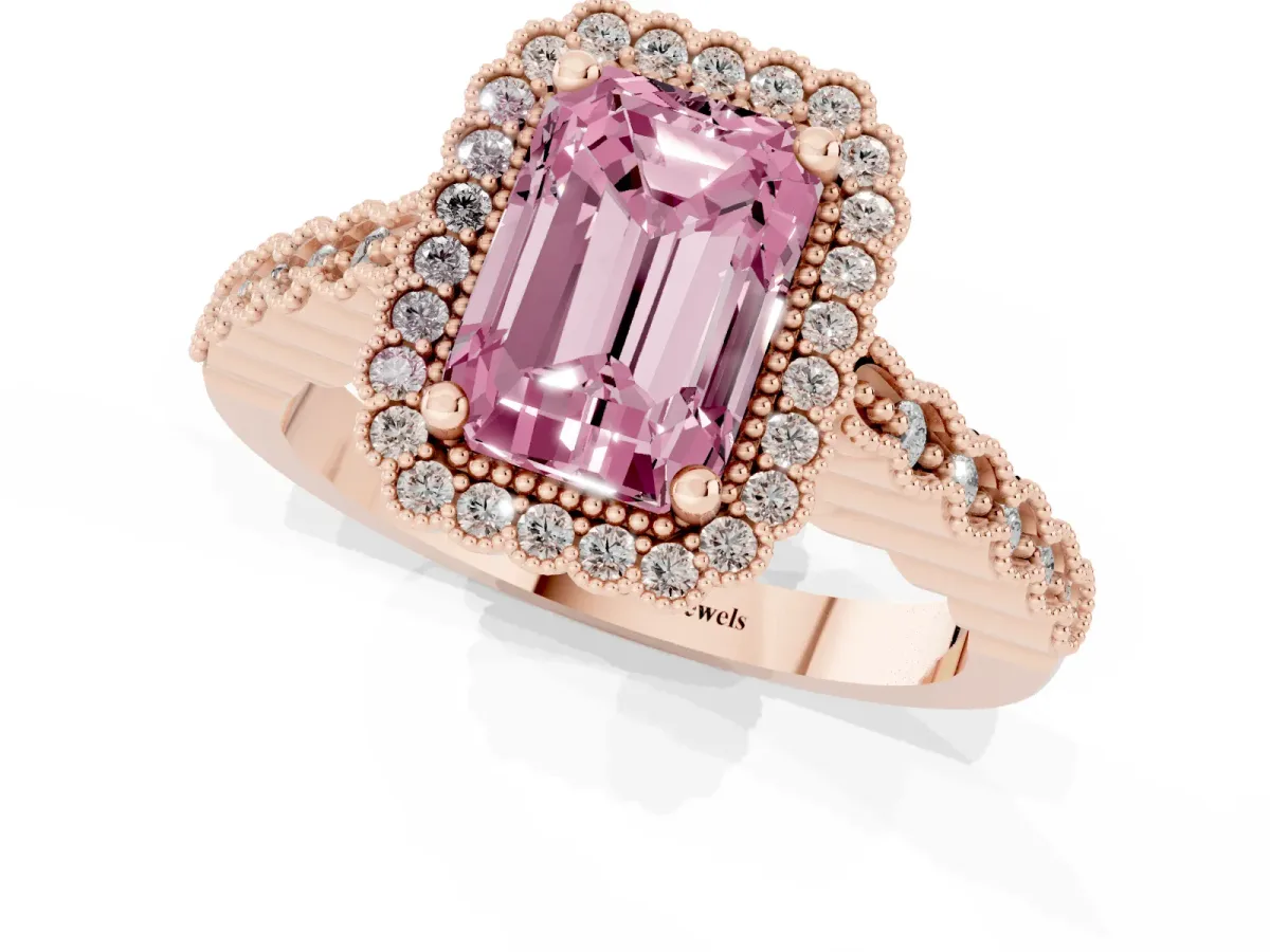 Fancy Pink Radiant Cut Cut Halo Pavé Solitaire Ring with Milgrain Band Rose gold