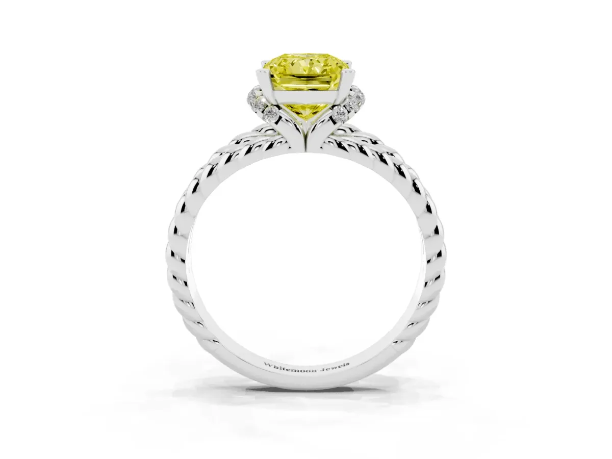 Fancy Yellow Radiant Cut Halo Twisted Band Four-Prong Ring Silver