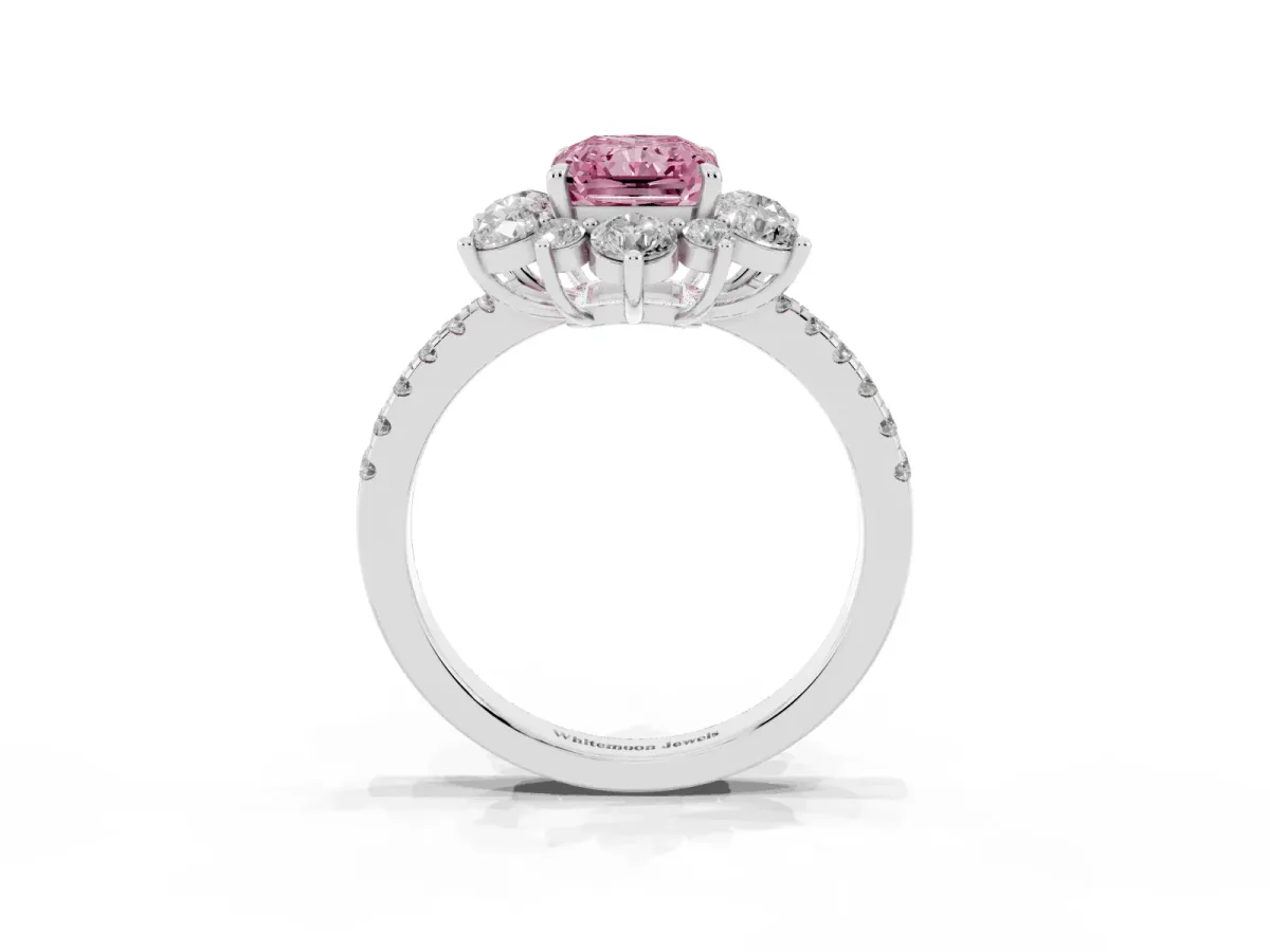 Fancy Pink Radiant Cut Diamond Floral Halo Ring with Round Pavé Band and Prong Setting Silver