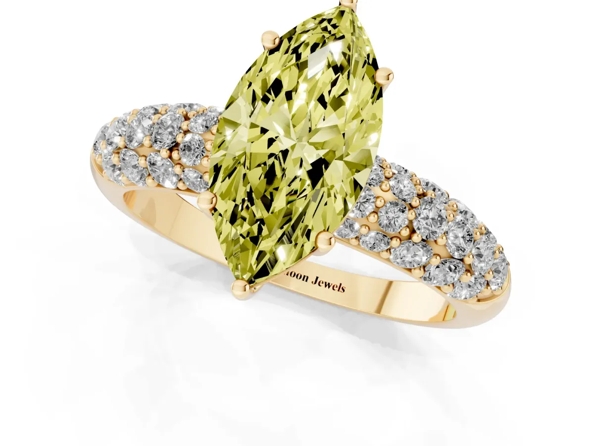 Fancy Yellow Marquise Cut Diamond Pavé Band Solitaire Ring with Four-Prong Setting Yellow gold