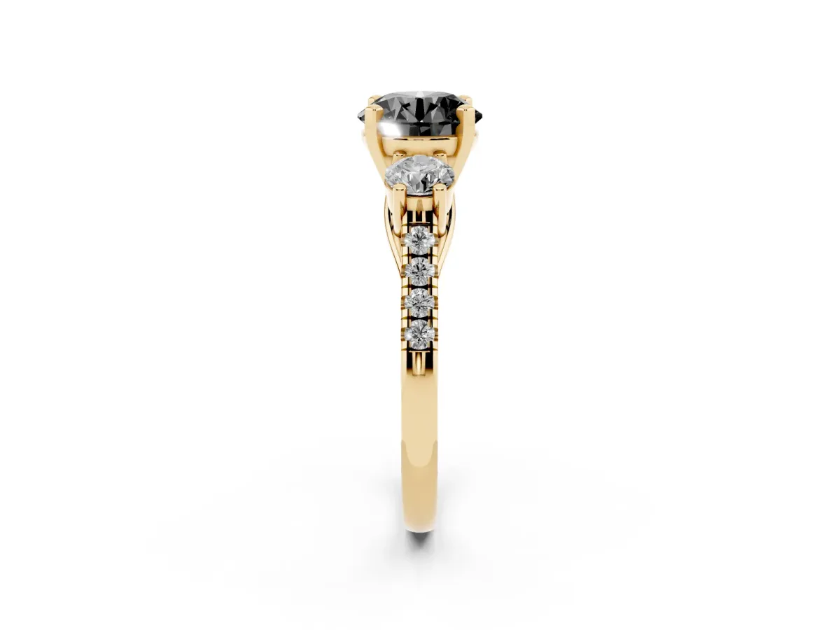 Fancy Black Three-Stone Round Cut Diamond Pavé Band with Four-Prong Setting Yellow gold