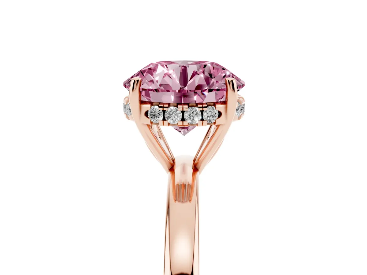 Fancy Pink Round Cut Solitaire Diamond Ring with Prong Setting and Plain Band Rose gold