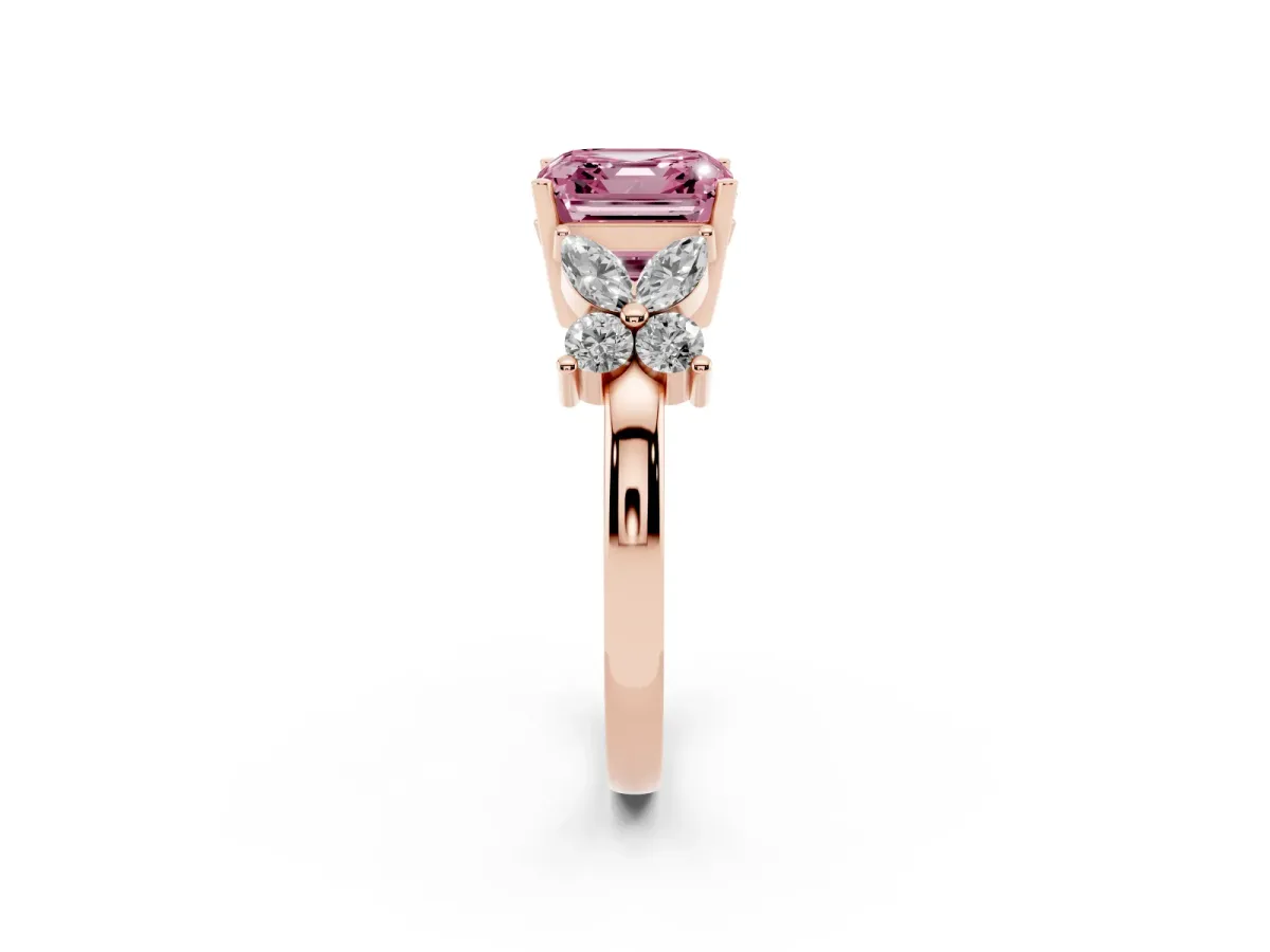 Fancy Pink Princess Cut Diamond Floral Cluster Ring with Solitaire Band and Prong Setting Rose gold
