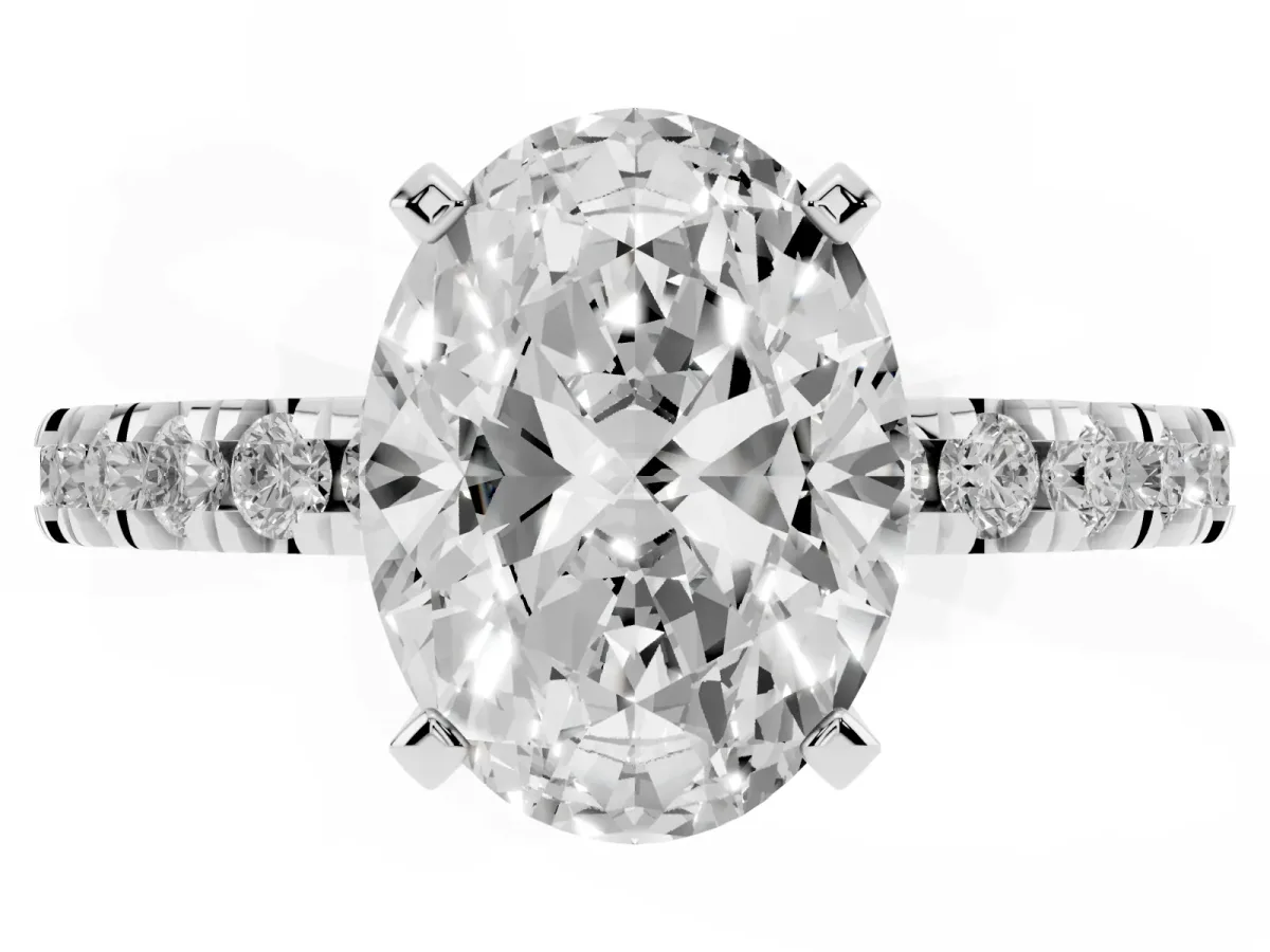 Oval Cut Diamond Pavé Band Solitaire with Four-Prong Setting Silver