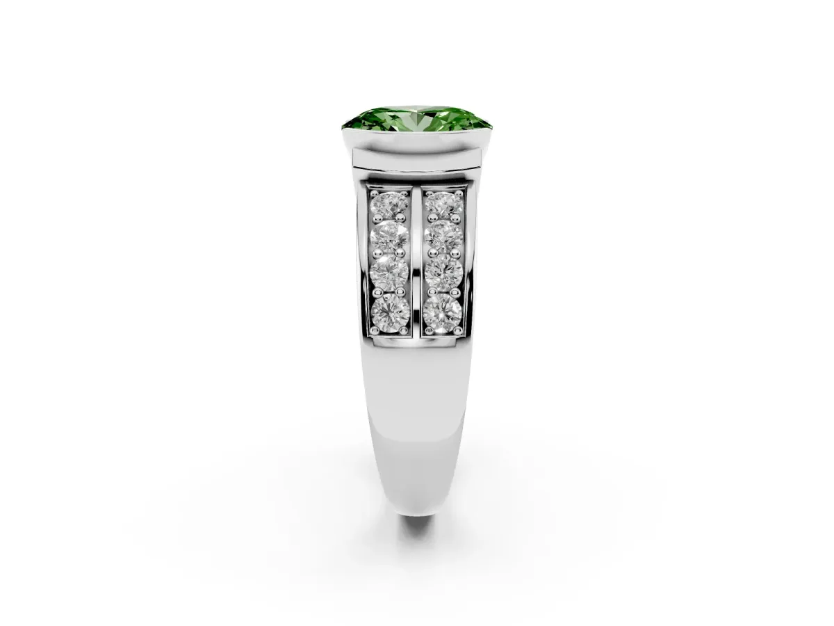 Fancy Green Oval Cut Brilliant Diamond Channel Set Wide Band Ring with Bezel Setting Platinum