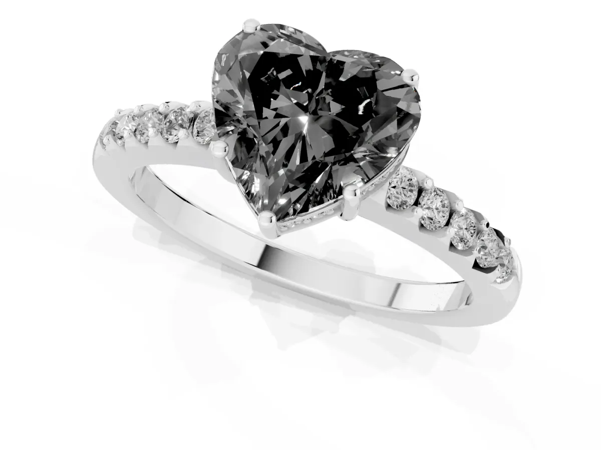 Fancy Black Heart Cut Solitaire Diamond Engagement Ring with Pavé Band and Six-Prong Setting Silver