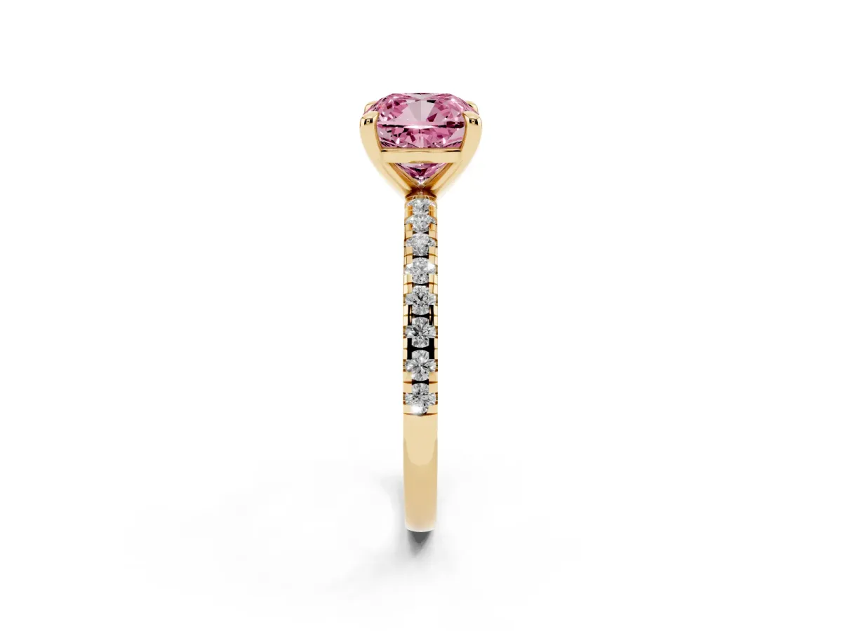Fancy Pink Cushion Cut Diamond Brilliant Solitaire Ring with Pavé Band and Four-Prong Setting Yellow gold